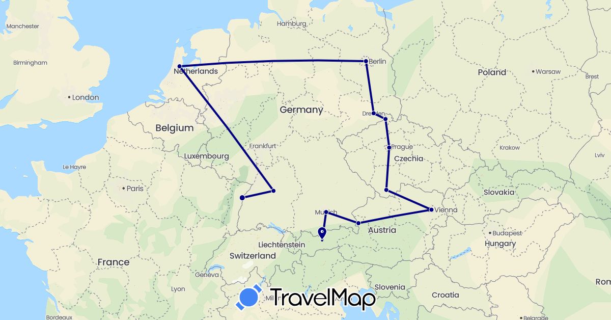 TravelMap itinerary: driving in Austria, Czech Republic, Germany, France, Netherlands (Europe)